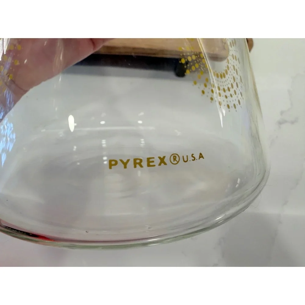 Pyrex Carafe Pitcher Vintage Yellow Sunburst Dot 7.75in Clear Glass MCM USA